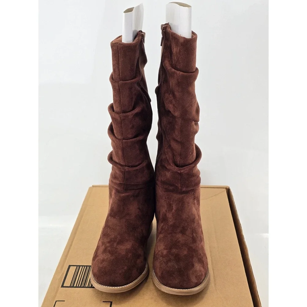 Steve Madden Tall Slouch Boots Girls Size 2 Brown Faux Suede Side Zip -Excellent